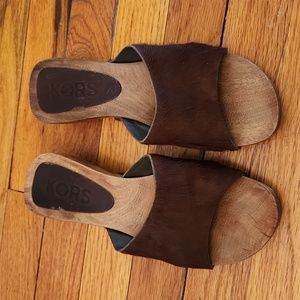 Michael Kors brown ponyhair sandals with wooden platform.  Size 7